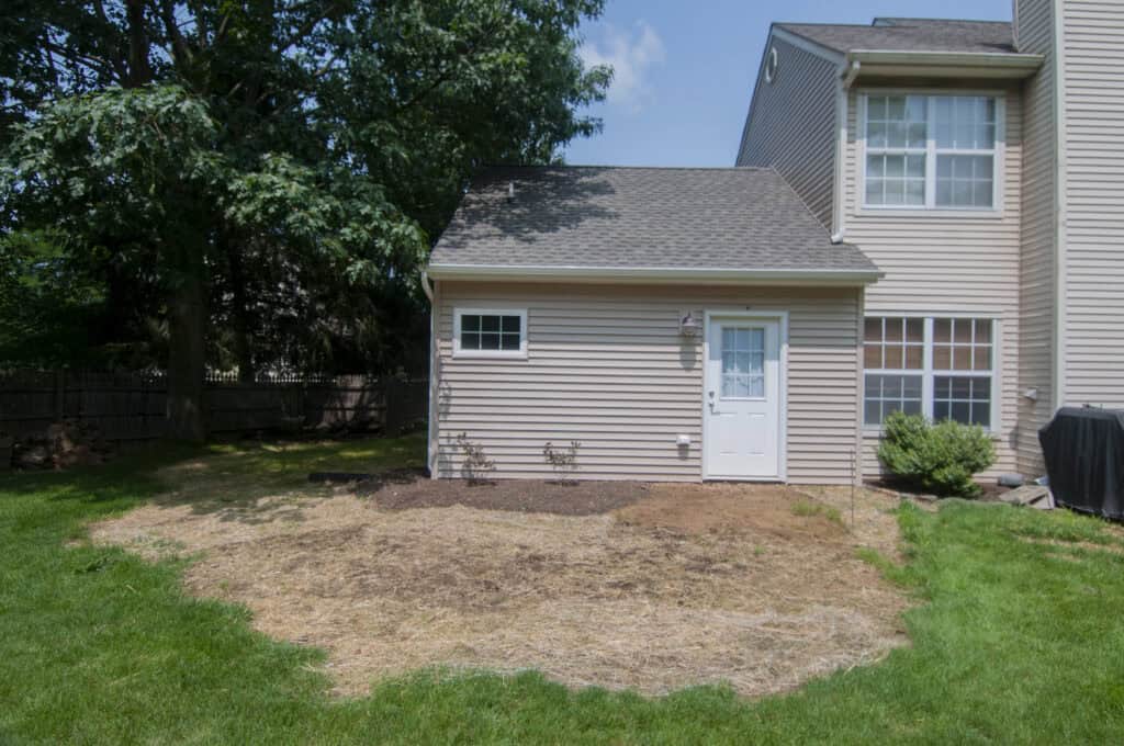 A backyard with a patchy lawn, featuring an area of dry, yellow grass in front of a beige house with white trim and a white door. Some small plants and mulch are near the house. Trees provide shade on the left.