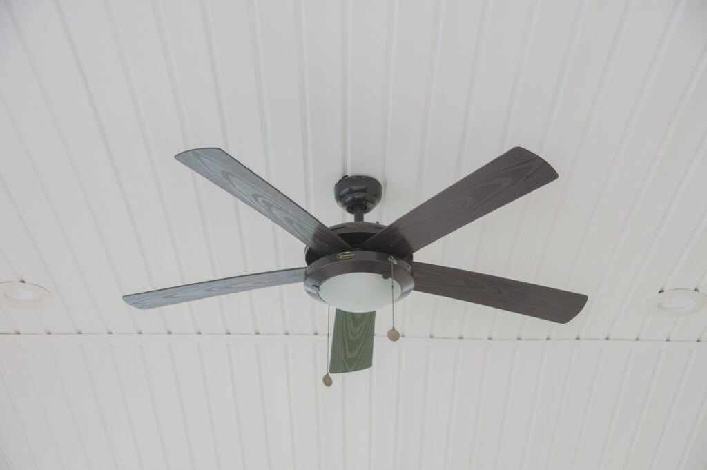 A ceiling fan with five dark blades and a central light fixture is mounted on a white, paneled ceiling. Two pull chains hang from the fan.
