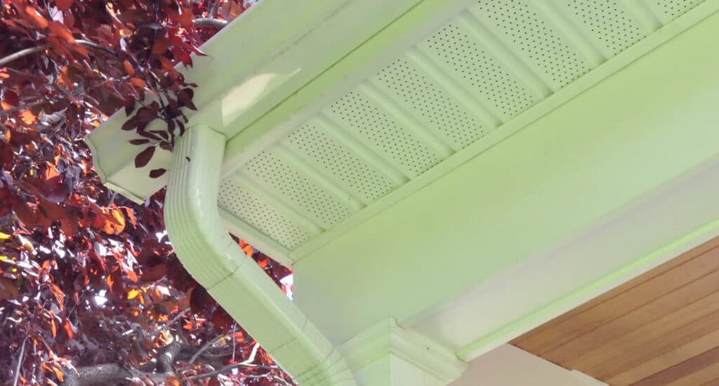 Close-up of a pale green house eave with a downspout, perforated soffit, and purple-red tree leaves partially visible on the left side.
