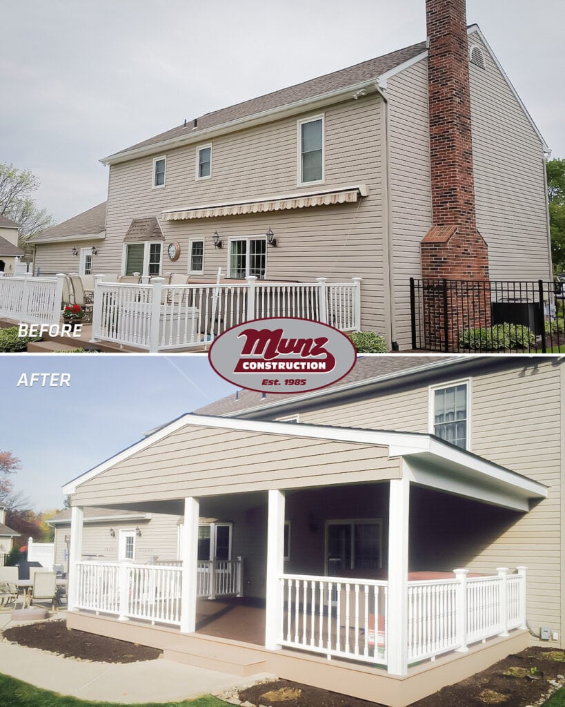 A before-and-after comparison of a house exterior renovation. The before image shows a simple back patio and awning; the after image features a new covered porch with white railings and columns.