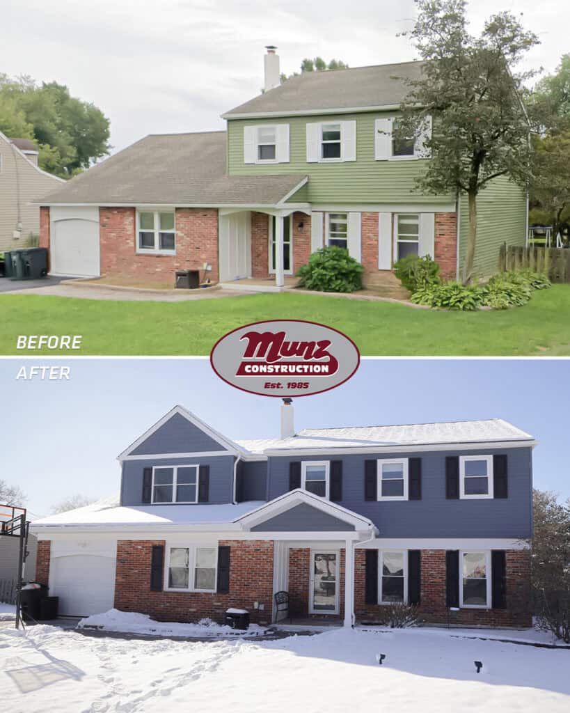 Before-and-after photos of a two-story house renovated by Munz Construction; the top image shows the house with light green siding, while the bottom image shows new dark blue siding, white trim, and snow on the ground.