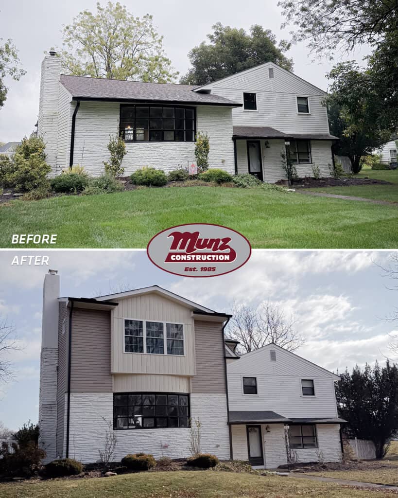 Before and after photos of a house renovation; the top image shows the original white house with black trim, while the bottom image shows the remodeled house with a second-story addition and updated exterior colors. Munz Construction logo in the center.