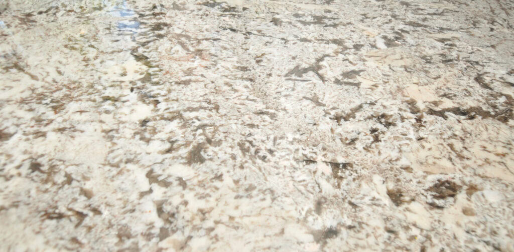 Close-up of a polished granite countertop surface featuring a mix of cream, white, gray, and brown tones with a natural, speckled, and marbled pattern.