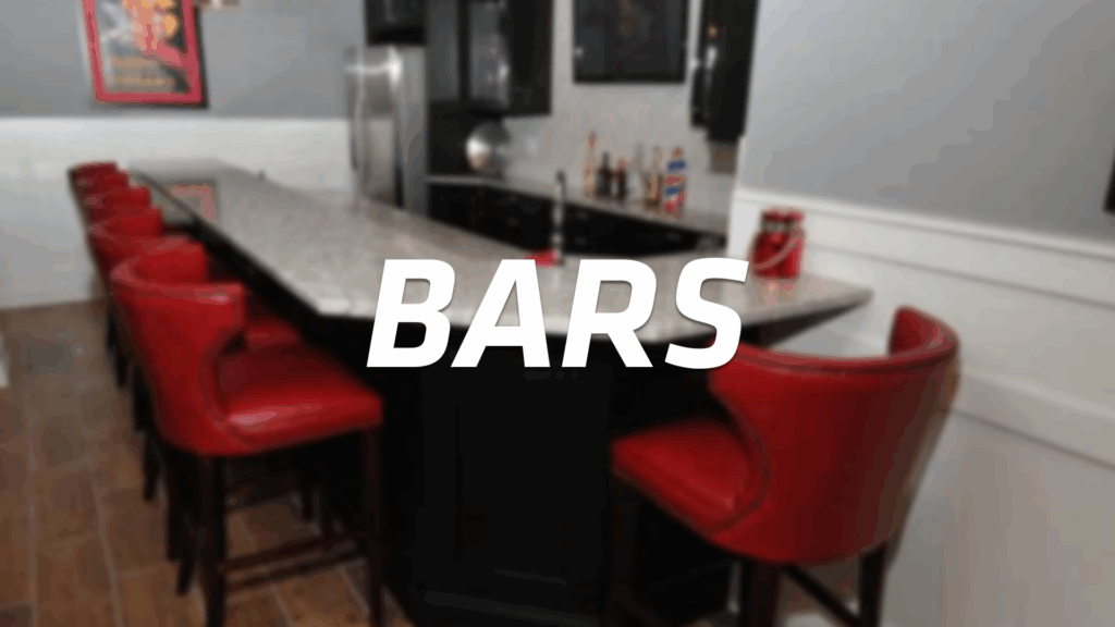 A home bar with a marble countertop, red leather chairs, dark cabinets, and various bottles on the counter. The word BARS is overlaid in bold white text across the center.