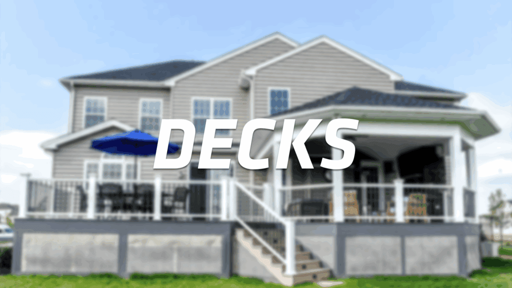 A two-story house with a large, covered wooden deck and outdoor seating, featuring the word DECKS in bold white letters across the image.