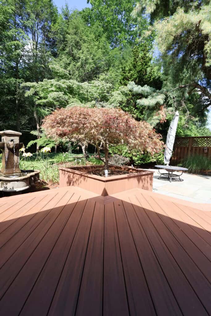 a wooden deck leads to a small tree planted in a raised bed, surrounded by lush greenery. a stone fountain and patio furniture are visible in the background under bright sunlight.