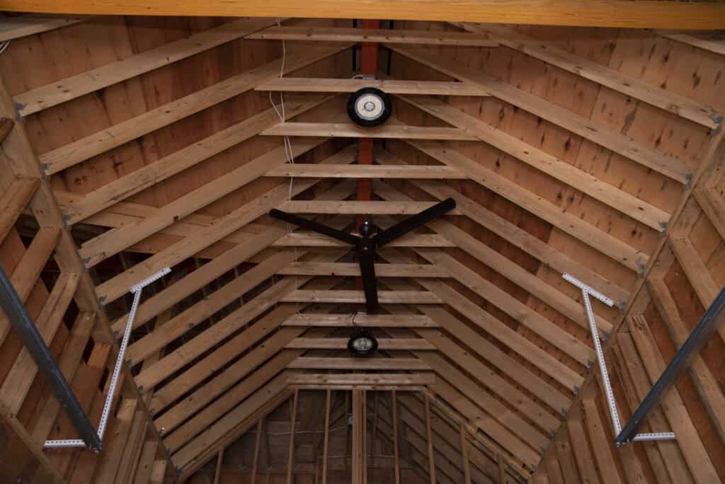 The image shows the interior ceiling of a wooden structure with exposed beams, a large black ceiling fan, and two circular light fixtures. The walls are unfinished, revealing the wood framework.