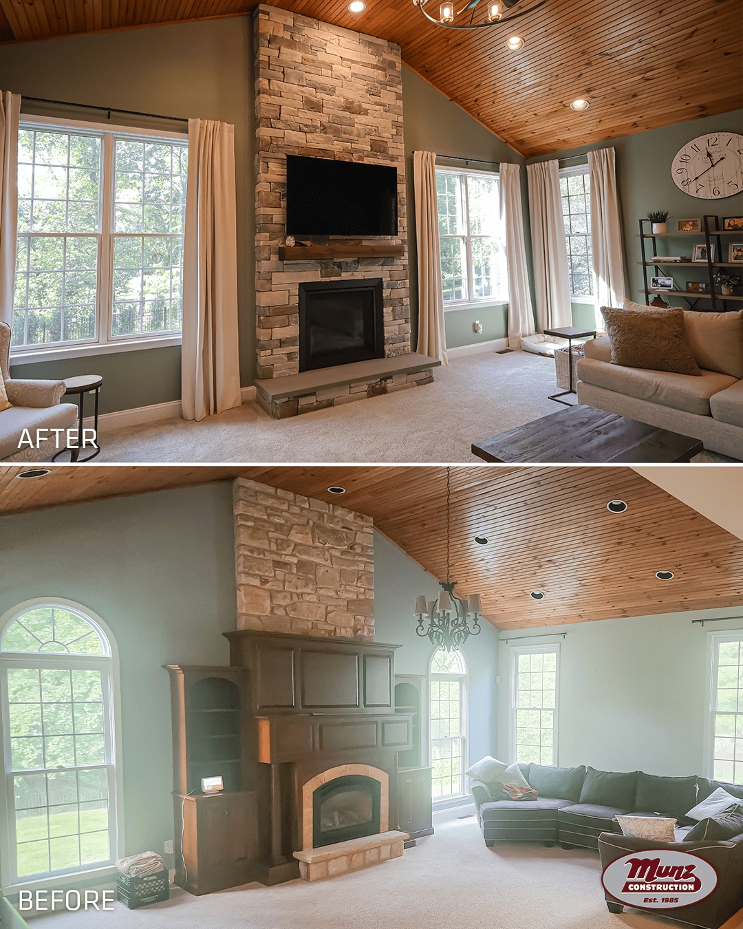 Before and after photos of a living room renovation showing a transition from a dark wood fireplace surround to a floor-to-ceiling stone fireplace with a mounted television. Before and after photos of a living room renovation showing a transition from a dark wood fireplace surround to a floor-to-ceiling stone fireplace with a mounted television.
