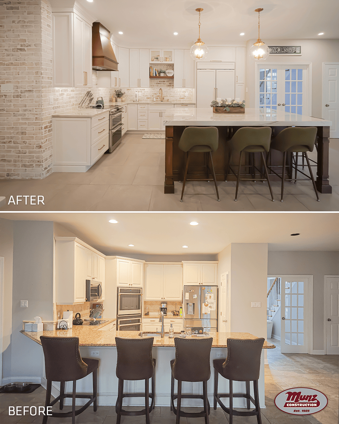 Before-and-after photos of a kitchen remodel, showing a transition from a beige-countertop layout to a white kitchen with a brick accent wall and a large center island. Before-and-after photos of a kitchen remodel, showing a transition from a beige-countertop layout to a white kitchen with a brick accent wall and a large center island.