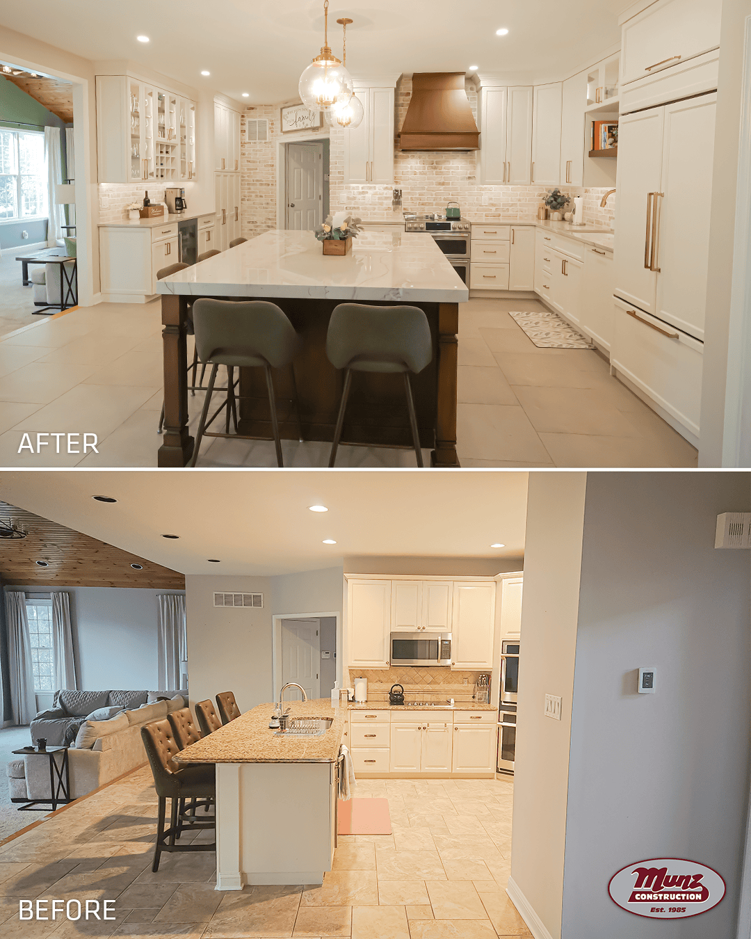 Before and after photos of a kitchen remodel, showing updated cabinets, a white marble-topped island, a copper range hood, and a brick backsplash. Before and after photos of a kitchen remodel, showing updated cabinets, a white marble-topped island, a copper range hood, and a brick backsplash.