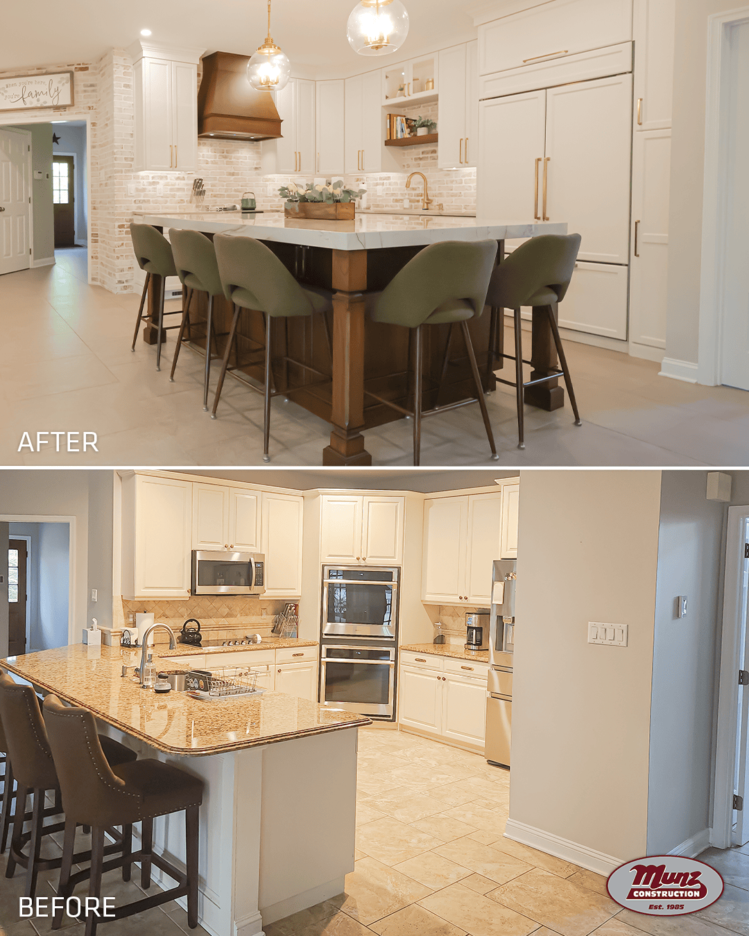 Before and after photos of a kitchen remodel, showing a transformation from a U-shaped kitchen with granite countertops to a modern open kitchen with a large central island, white cabinetry, and green stools. Before and after photos of a kitchen remodel, showing a transformation from a U-shaped kitchen with granite countertops to a modern open kitchen with a large central island, white cabinetry, and green stools.
