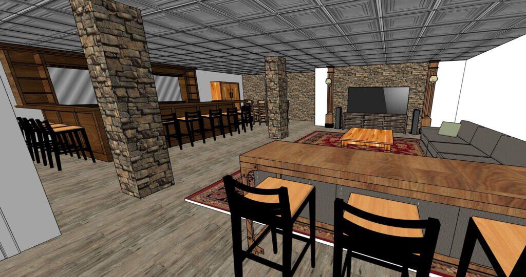 a 3d rendered room with stone pillars, a bar with stools, a seating area with a large sofa, a tv on a stone accent wall, and wooden furniture on a wood floor with rugs.