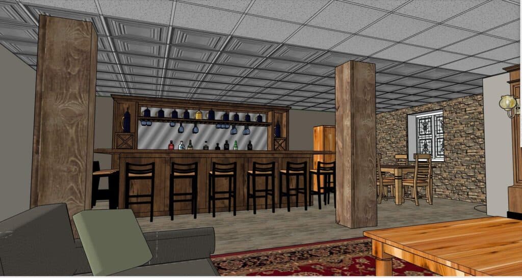 a 3d rendered basement bar features a long wooden counter with high chairs, shelves with bottles and glasses, stone accent walls, exposed wooden columns, and a seating area with a sofa and wooden tables.