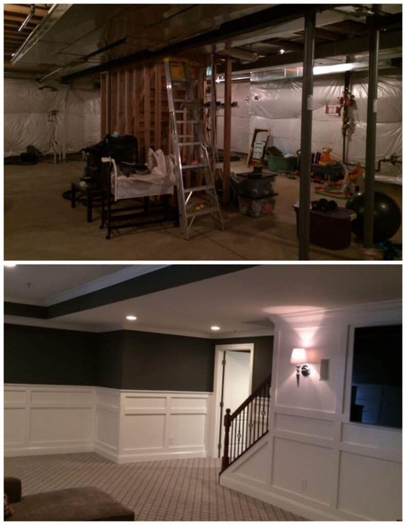 a before and after comparison of a basement renovation: the top image shows an unfinished basement with exposed beams and clutter; the bottom image shows a finished, well lit basement with painted walls, wainscoting, and carpeting.