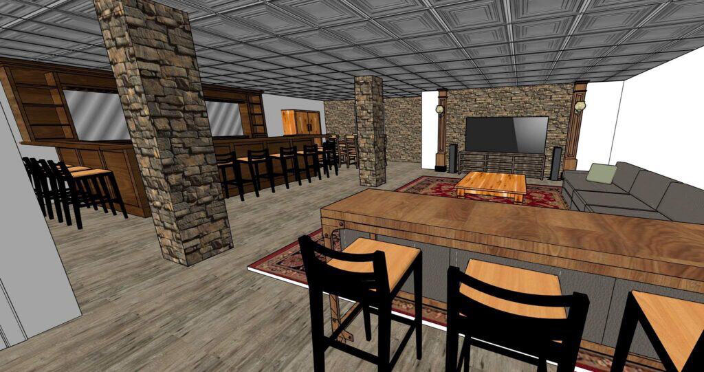 3d rendering of a spacious basement with stone pillars, wood flooring, a bar area with stools, a seating area with a sectional sofa, a large tv on a stone wall, and two red rugs on the floor.