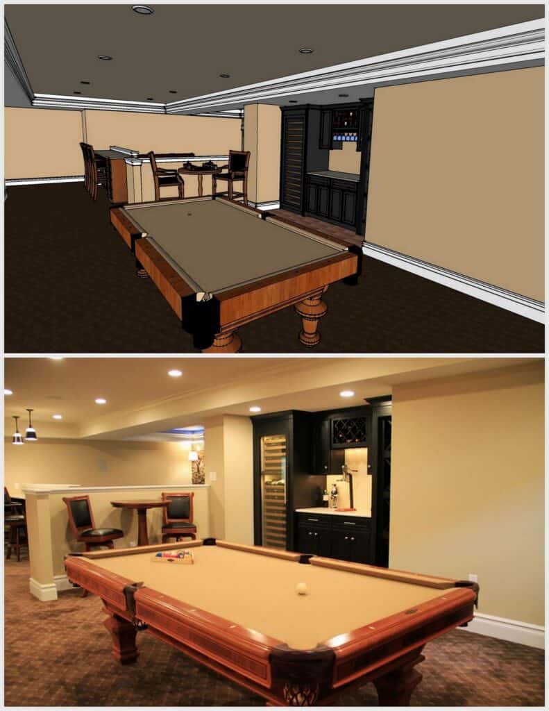 split image: the top half shows a digital rendering of a basement with a pool table, bar, and seating area; the bottom half shows the finished, real life space matching the rendering.