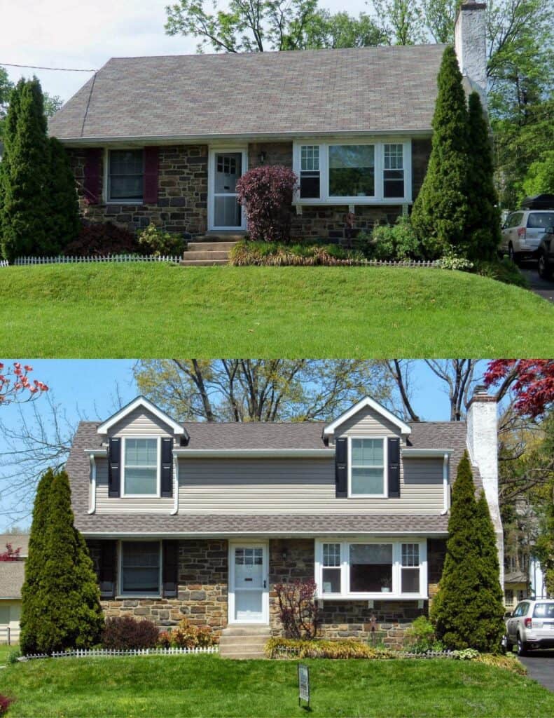 a before and after comparison of a house renovation: the top shows a one story stone house, and the bottom shows the same house with an added second story, dormer windows, and updated siding.