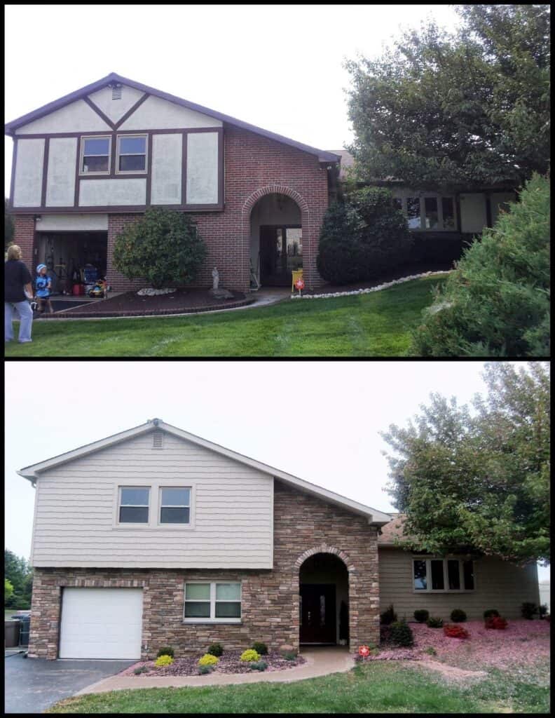 split image showing a house before and after renovation. the top shows a red brick and tudor style facade with bushes; the bottom shows updated stone and siding, a new garage, fresh landscaping, and trimmed trees.