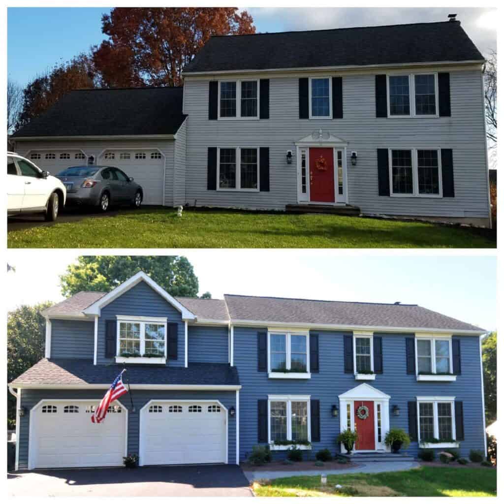 two photos of the same house: the top image shows a white house with black shutters and a red door; the bottom image shows the house painted blue with updated trim, new landscaping, and an american flag.