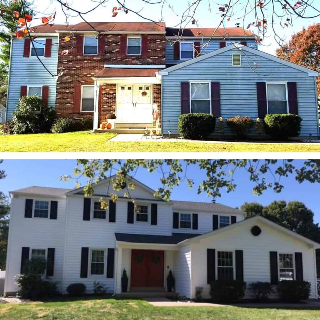 two photos show a house before and after renovation. the top image has a mix of red brick and blue siding, while the bottom image shows the house fully remodeled with white siding and black shutters.