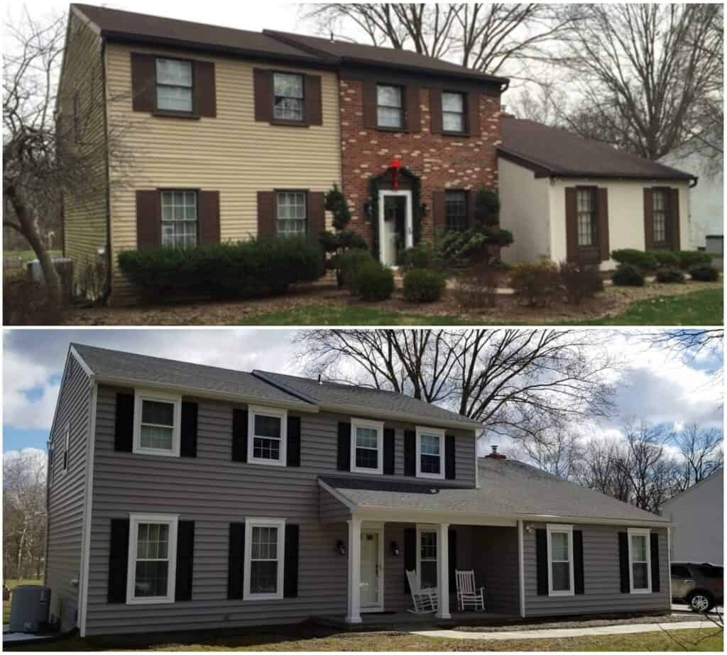 two photos of the same two story house: the top shows tan siding, brick accents, brown shutters, and overgrown bushes; the bottom shows the house remodeled with gray siding, white trim, a new porch, and rocking chairs.
