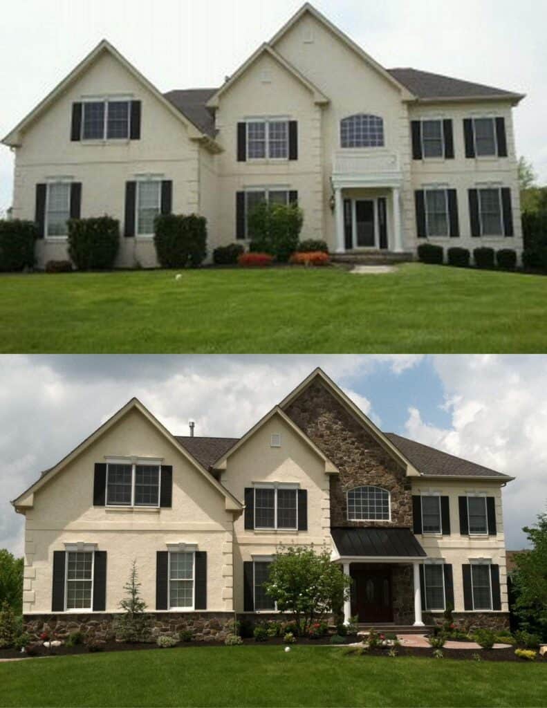 two similar beige two story houses with black shutters, dark roofs, and manicured lawns; the top house has plain front walls, while the bottom house features stone accents and a black awning over the entrance.