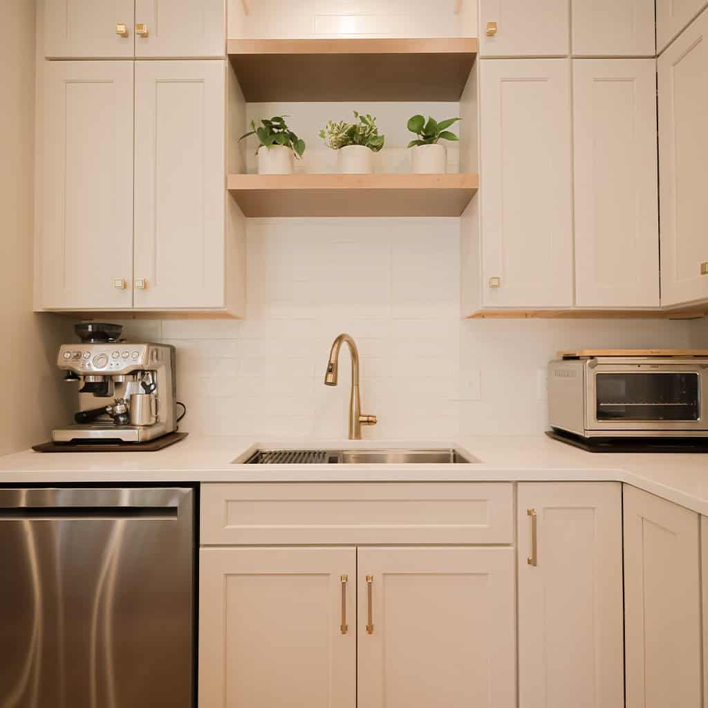 modern kitchen with white cabinets, a stainless steel sink and faucet, a coffee machine on the left, a toaster oven on the right, and three small potted plants on a wooden shelf above the sink. modern kitchen with white cabinets, a stainless steel sink and faucet, a coffee machine on the left, a toaster oven on the right, and three small potted plants on a wooden shelf above the sink.