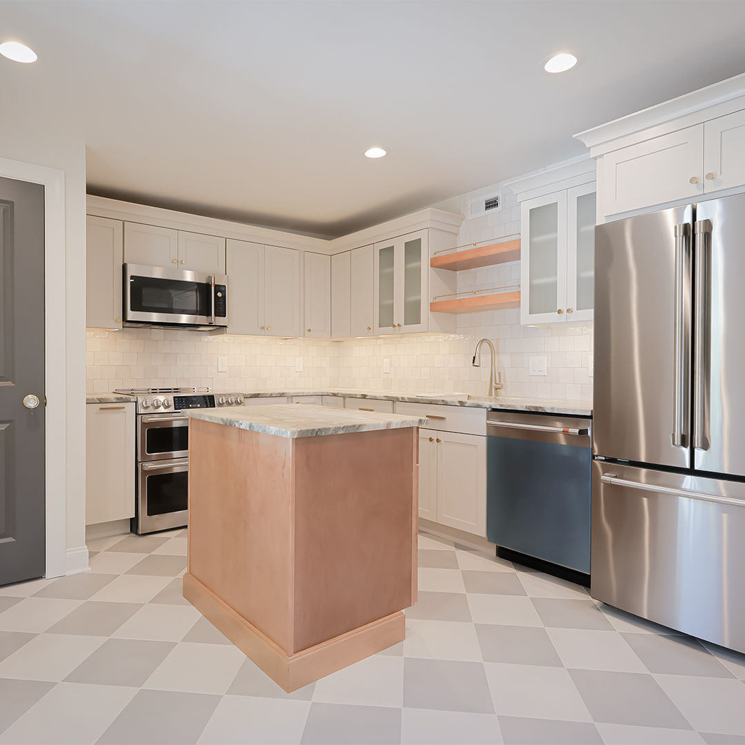 modern kitchen with white cabinets, stainless steel appliances, a light wooden island, checkered tile floor, and under cabinet lighting. there are open shelves and a gray door on the left. modern kitchen with white cabinets, stainless steel appliances, a light wooden island, checkered tile floor, and under cabinet lighting. there are open shelves and a gray door on the left.