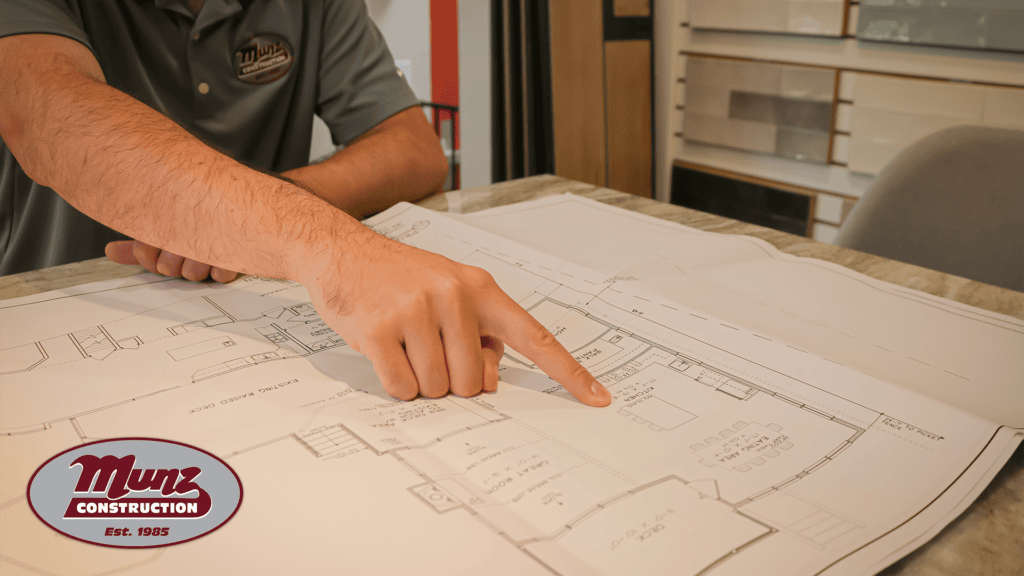 Person pointing at house blueprint during planning session at Munz Construction.